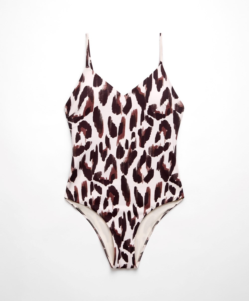 Oysho Leopard Print V-neck Swimsuit Ecru | YAQREG-629