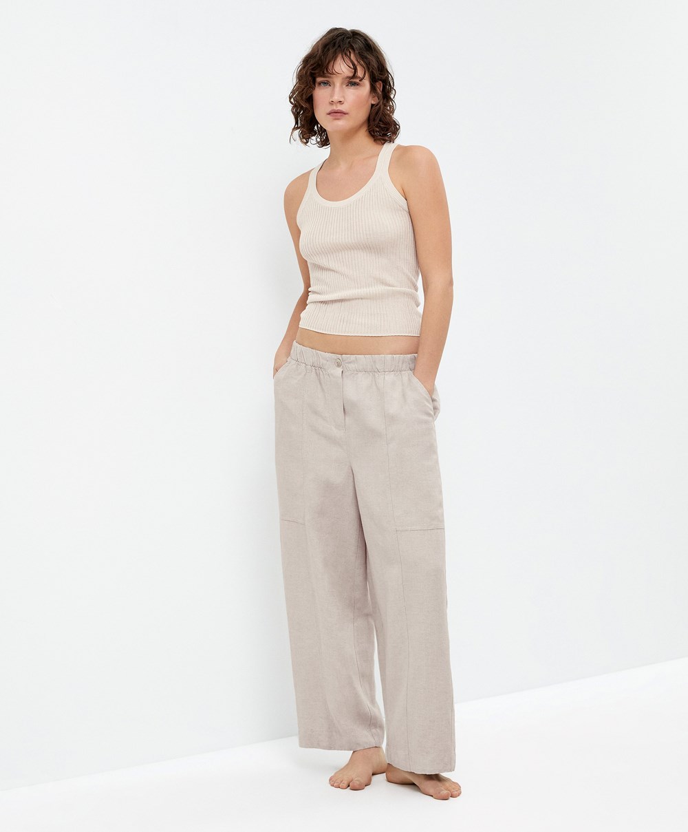 Oysho Linen Barrel Trousers Sand Melange | NBWDYG-608