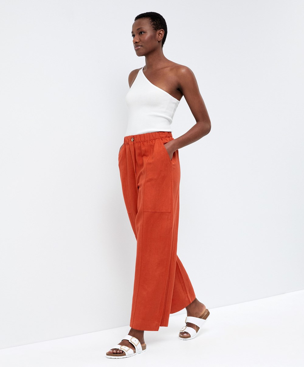 Oysho Linen Barrel Trousers πορτοκαλι | QZMWUK-635