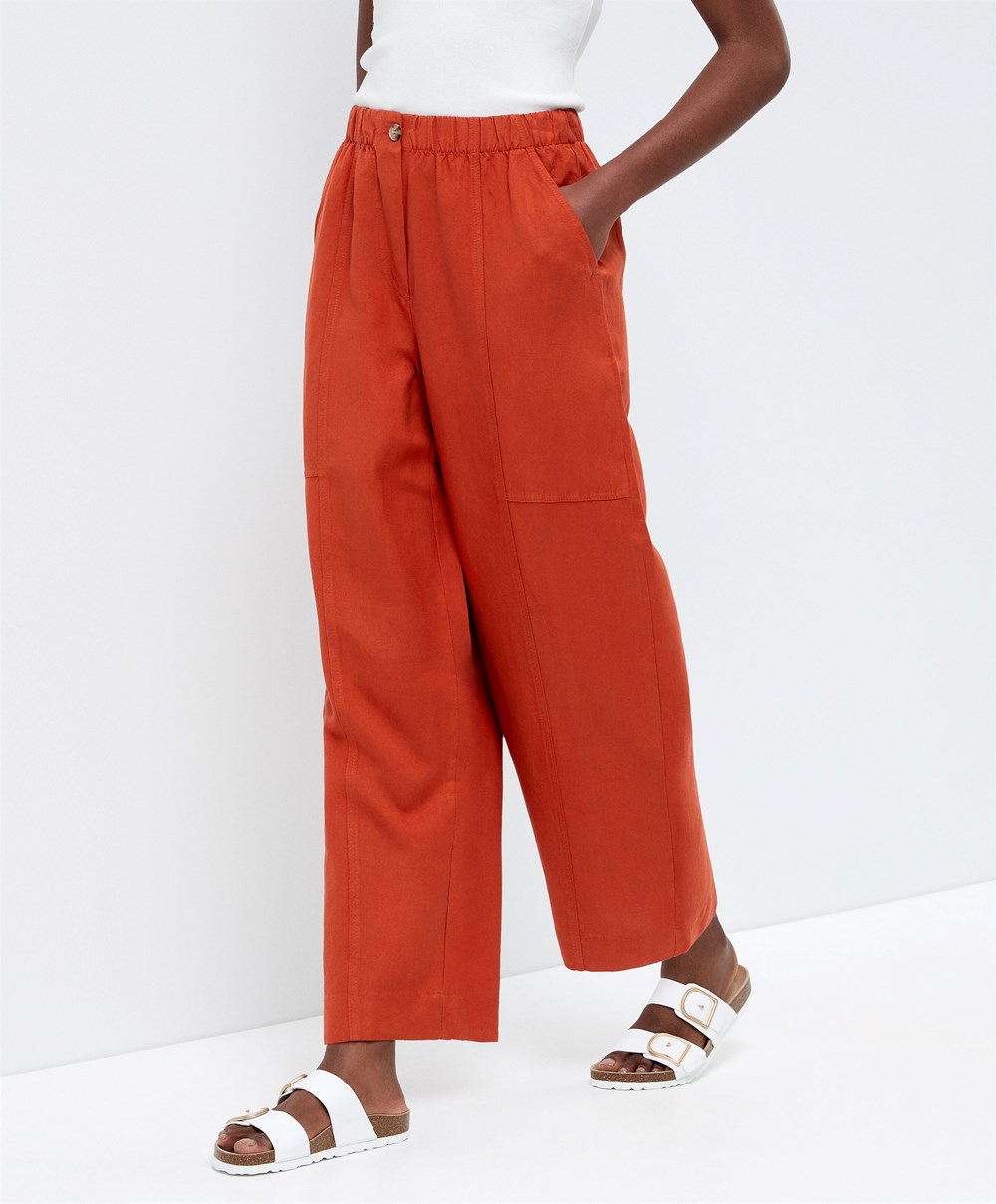 Oysho Linen Barrel Trousers πορτοκαλι | QZMWUK-635