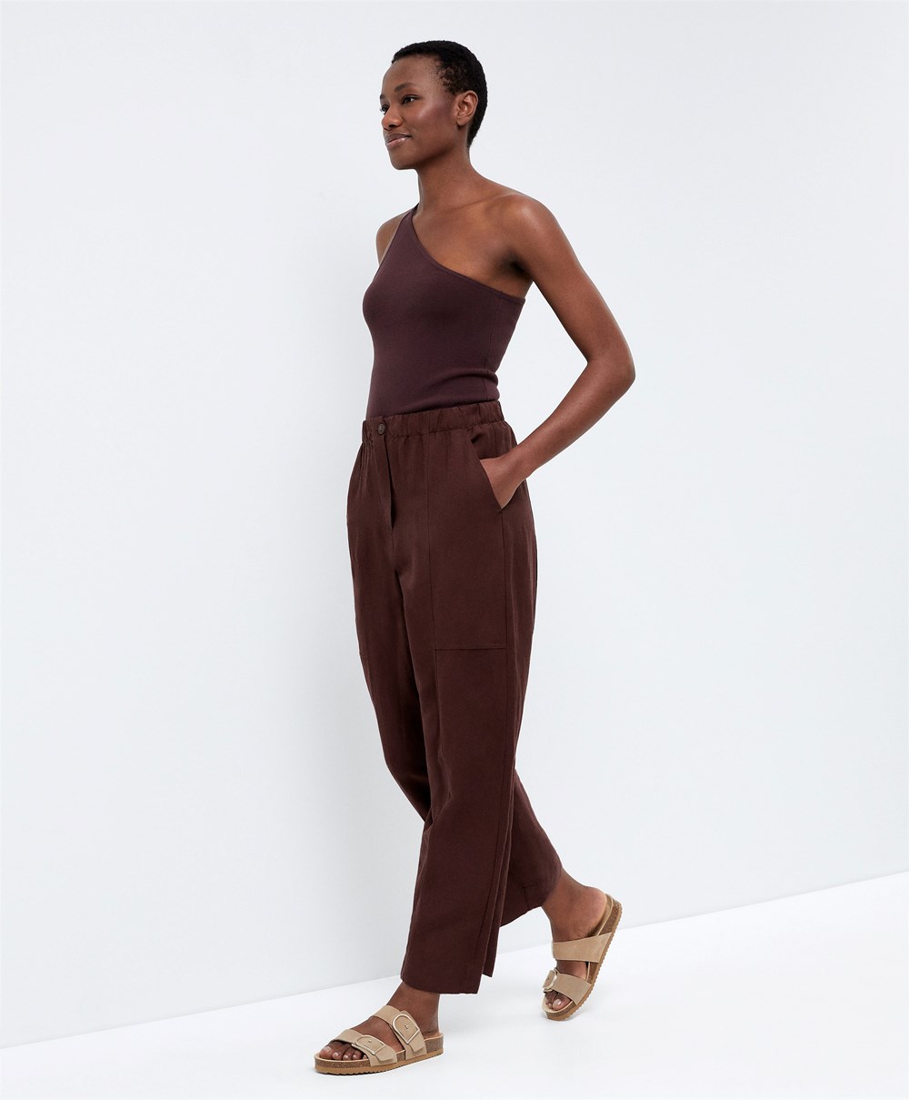 Oysho Linen Barrel Trousers σοκολάτα | XFAJVT-460