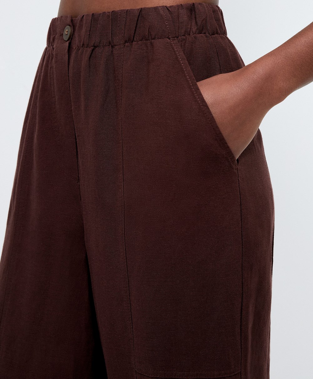 Oysho Linen Barrel Trousers σοκολάτα | XFAJVT-460