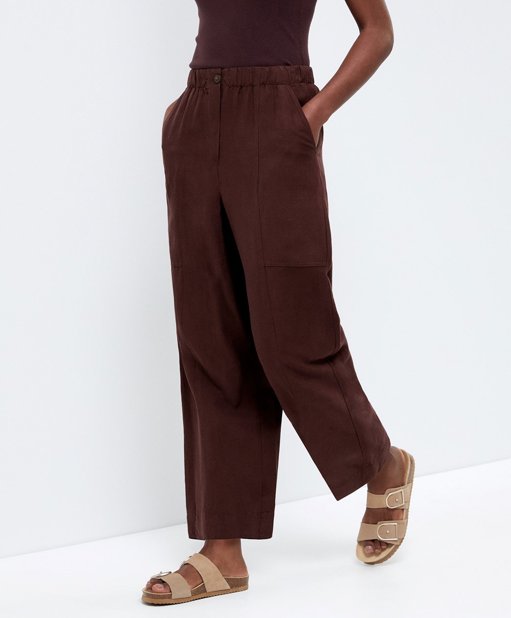 Oysho Linen Barrel Trousers σοκολάτα | XFAJVT-460