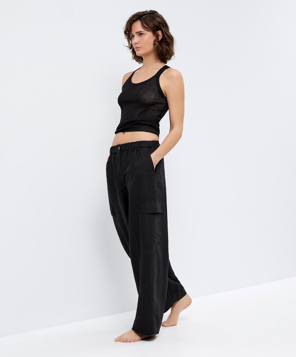 Oysho Linen Cargo Trousers μαυρα | SEVQUY-581