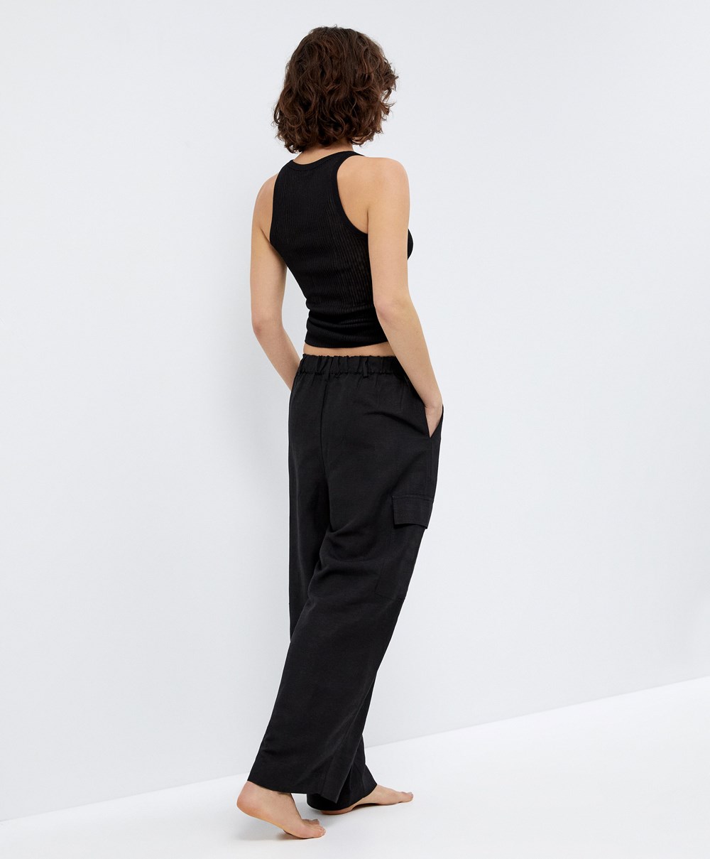 Oysho Linen Cargo Trousers μαυρα | SEVQUY-581