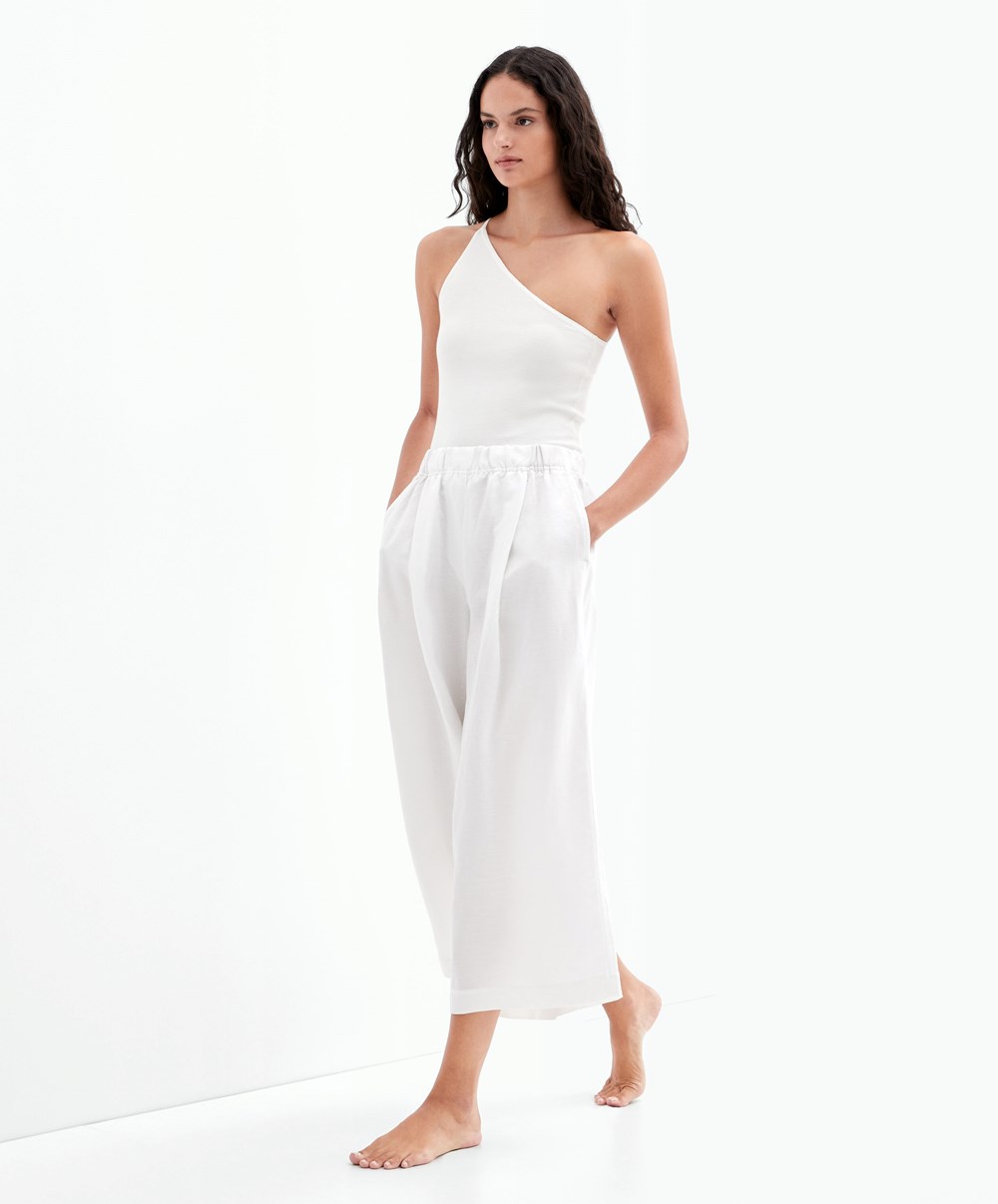 Oysho Linen Crop Trousers ασπρα | DZSJQR-509