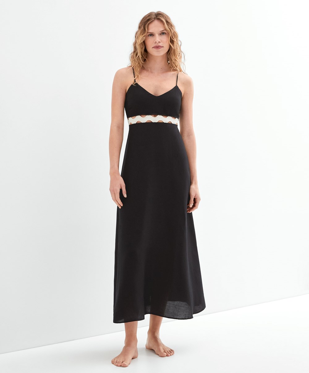 Oysho Linen Long strappy φορεμα With Wave Detail μαυρα | MLPTWG-903