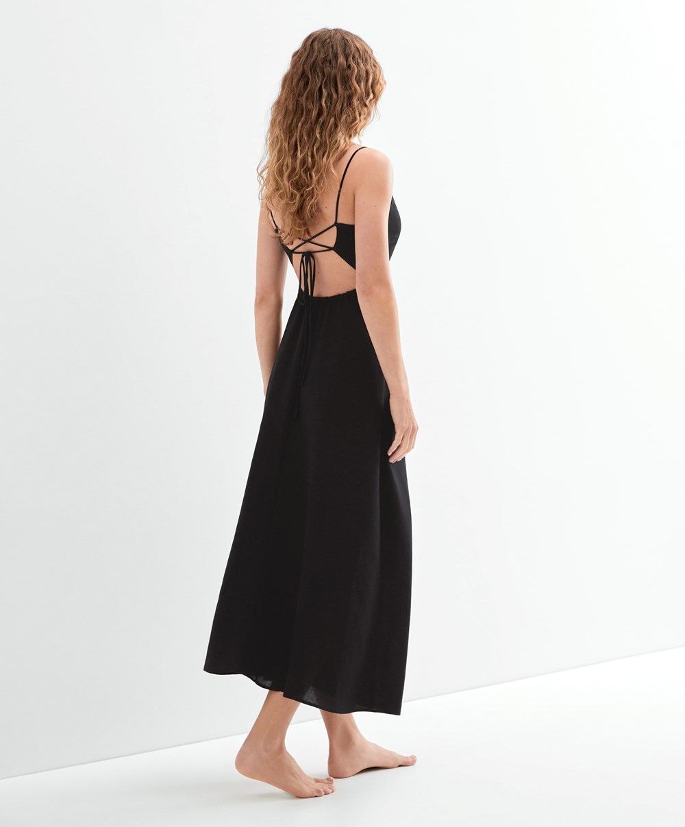 Oysho Linen Long strappy φορεμα With Wave Detail μαυρα | MLPTWG-903