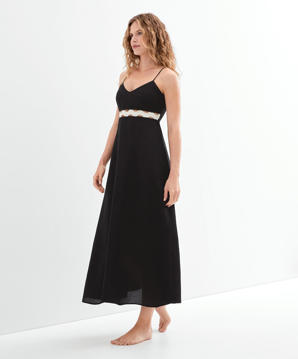 Oysho Linen Long strappy φορεμα With Wave Detail μαυρα | MLPTWG-903