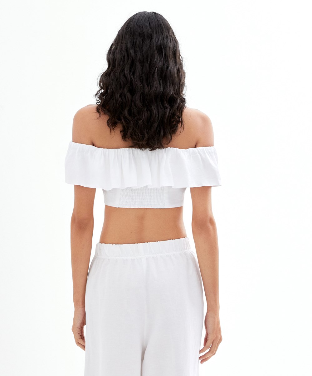 Oysho Linen Off-shoulder Top ασπρα | SEYMFA-628