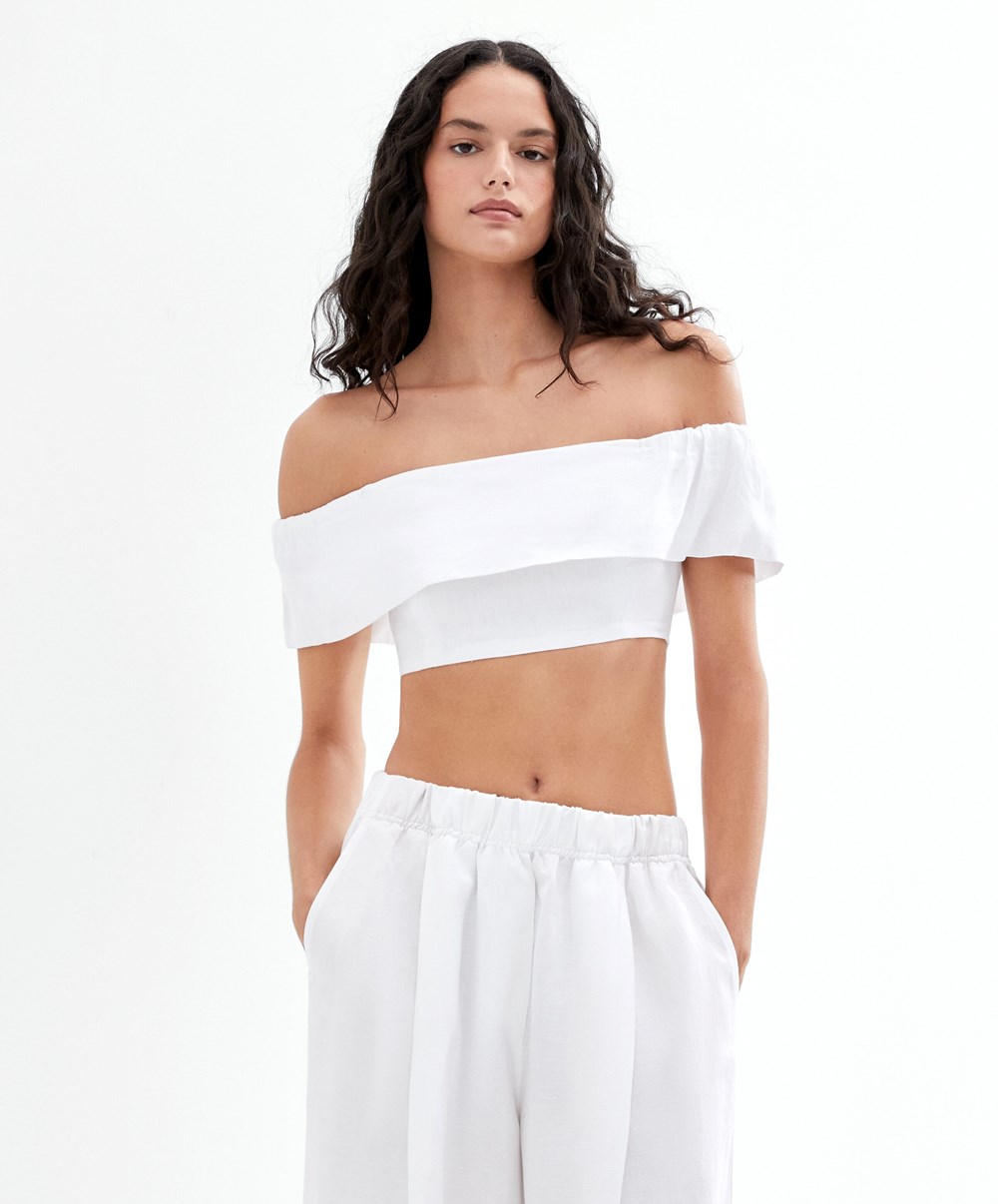 Oysho Linen Off-shoulder Top ασπρα | SEYMFA-628