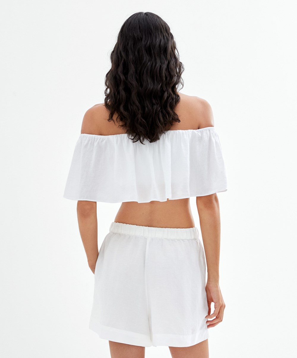 Oysho Linen Off-shoulder Top ασπρα | ZTJRUK-457