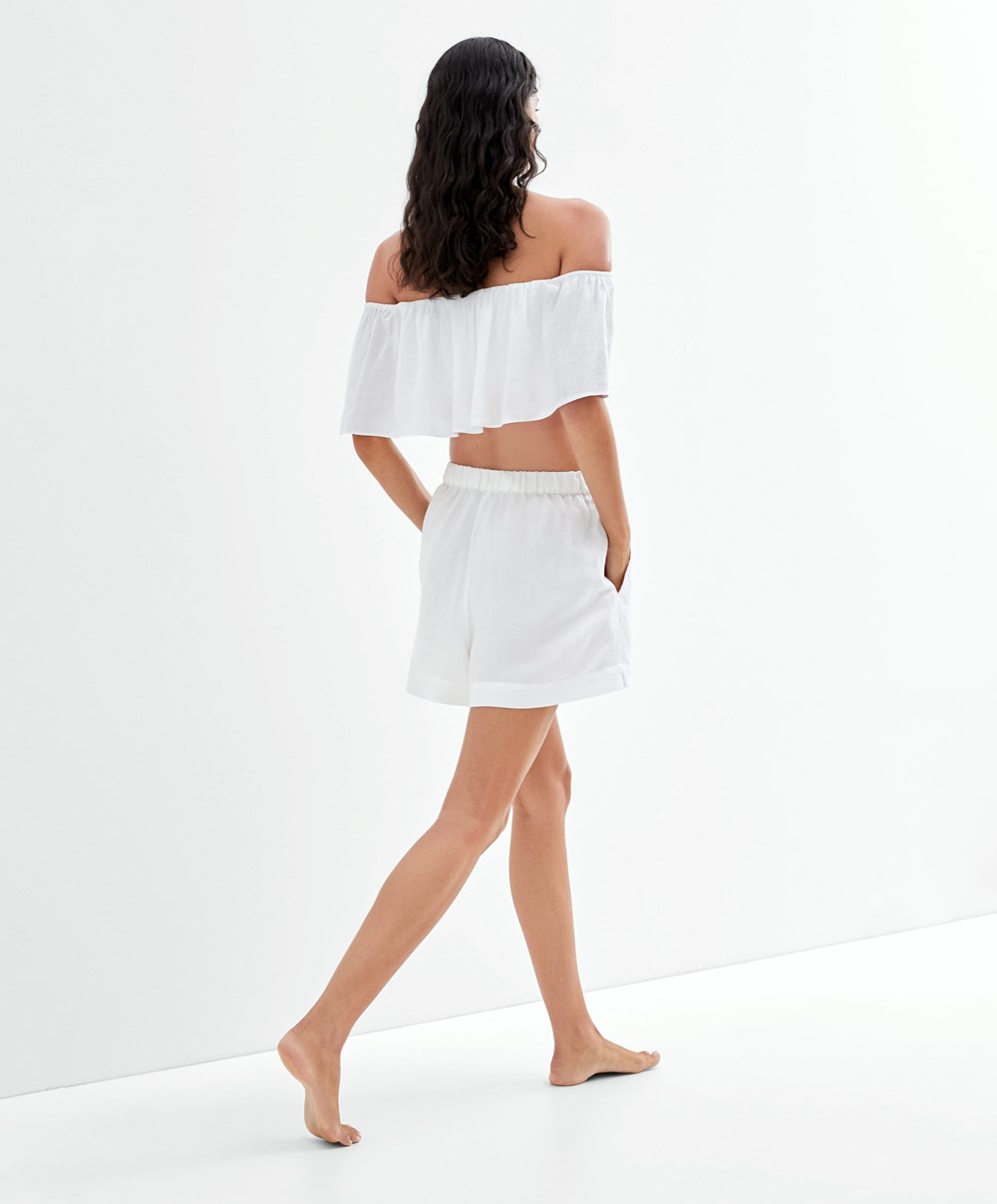 Oysho Linen Off-shoulder Top ασπρα | ZTJRUK-457