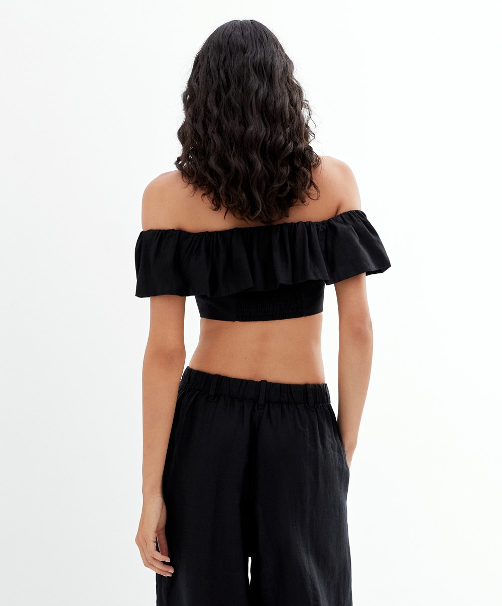 Oysho Linen Off-shoulder Top μαυρα | MNLJOI-680