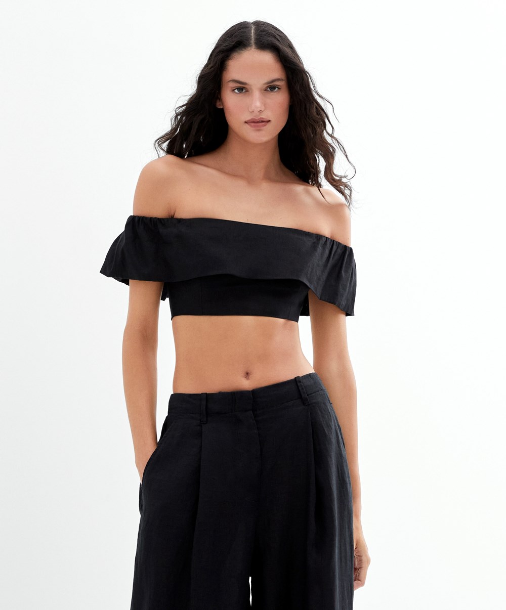 Oysho Linen Off-shoulder Top μαυρα | MNLJOI-680