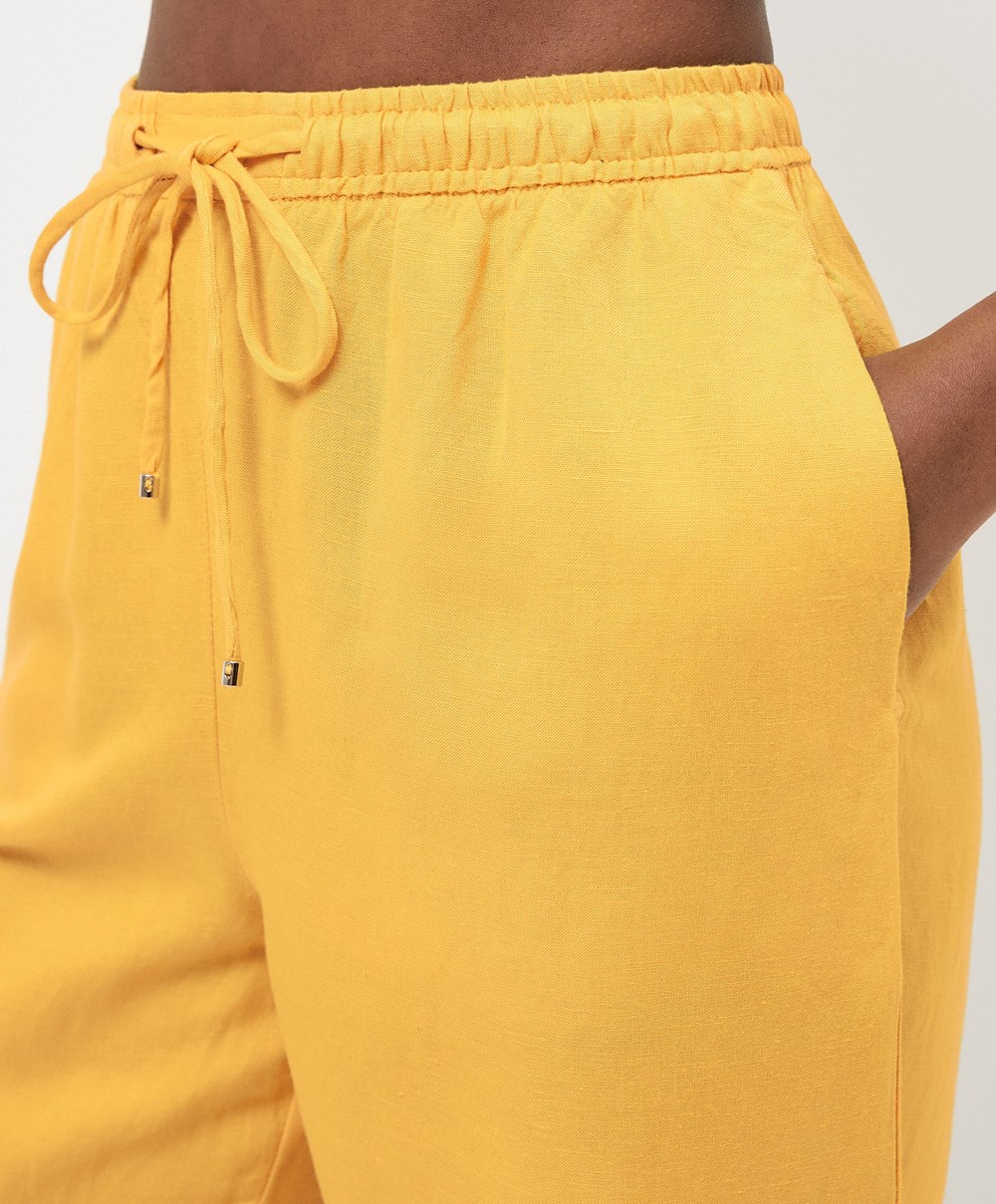 Oysho Linen Relaxed Fit Trousers Mid-yellow | KHIWTZ-870