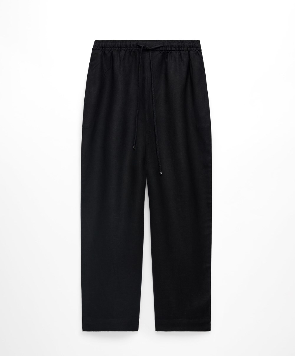 Oysho Linen Relaxed Fit Trousers μαυρα | XEBJLZ-921