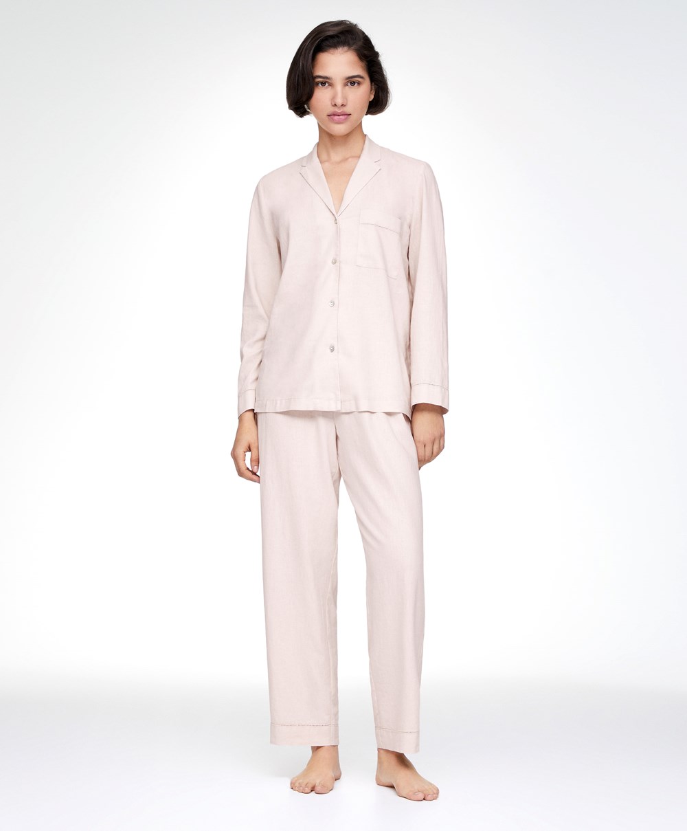 Oysho Linen Trousers Μπεζ | KHCOUW-923