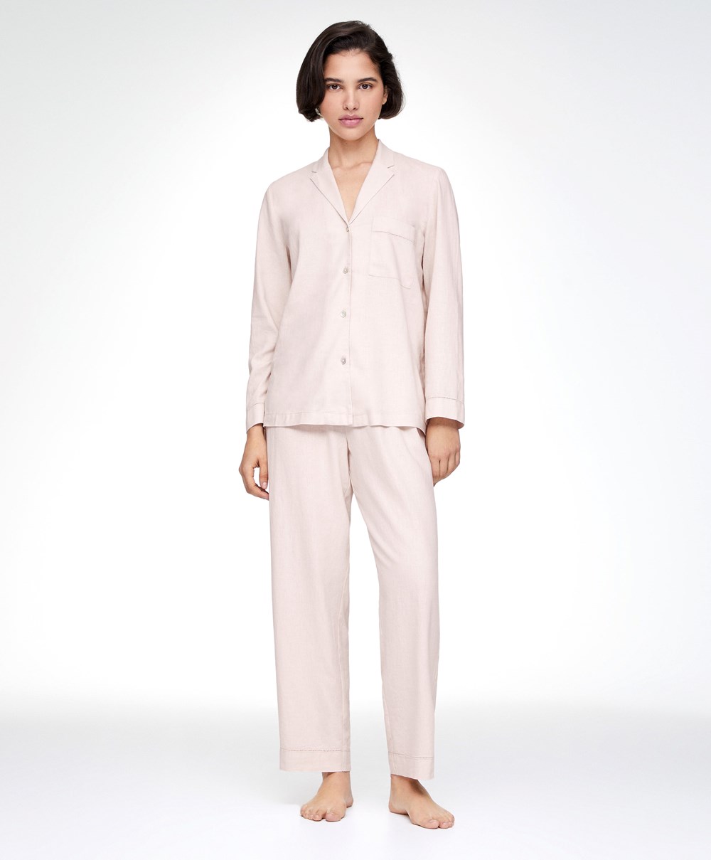 Oysho Linen Trousers Μπεζ | QUTLCA-821