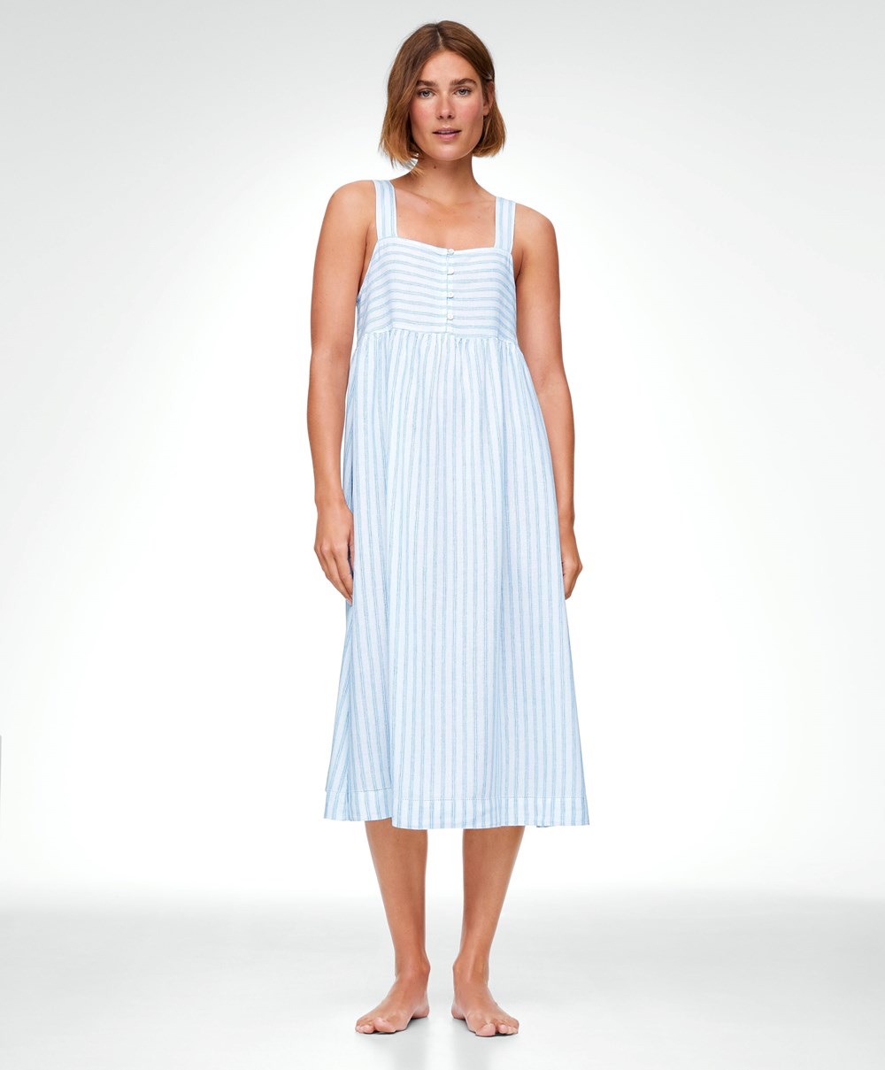 Oysho Linen strappy Midi Nightdress Pale Ecru | ESKGXY-163