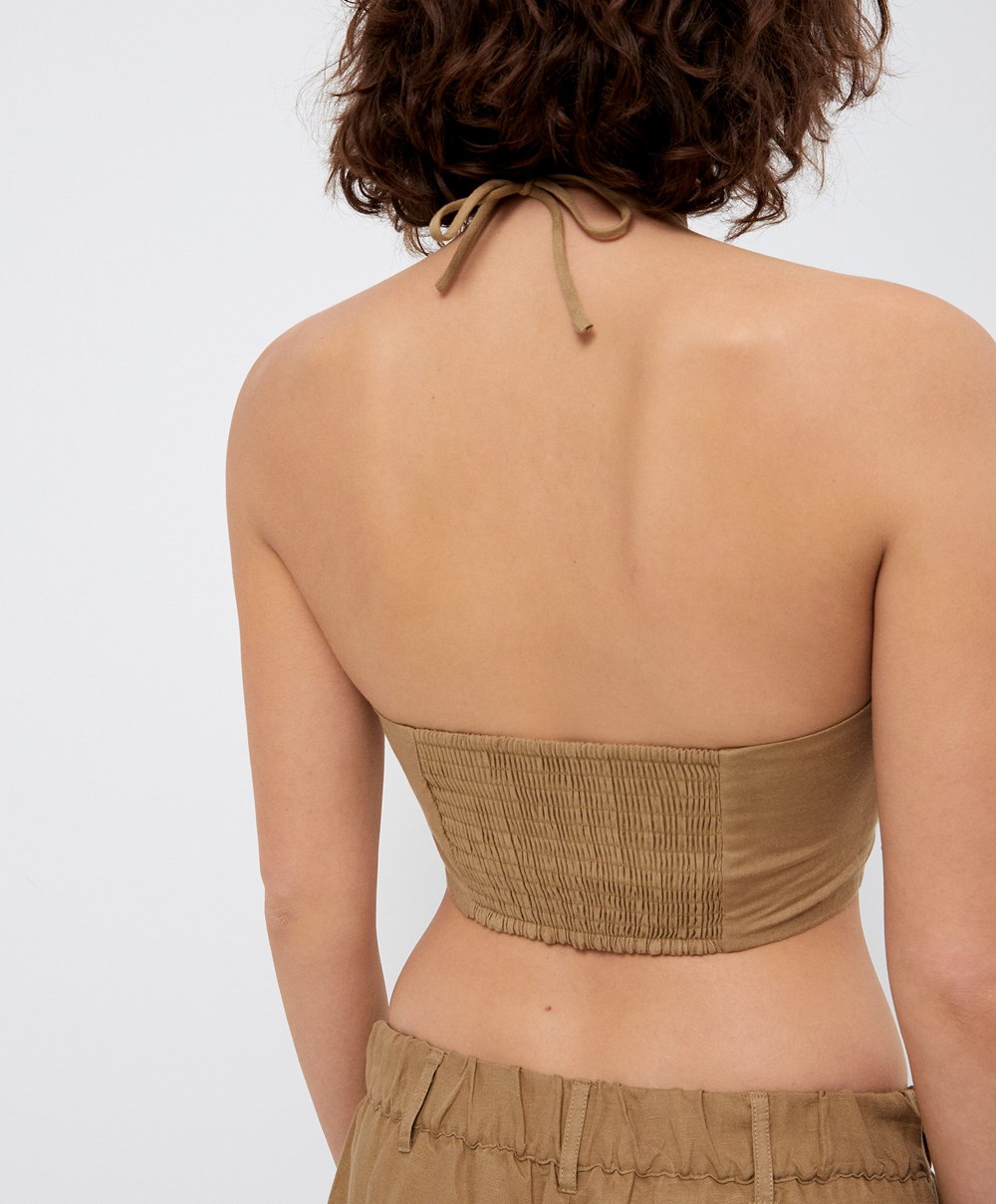 Oysho Linen strappy Top With Stone Details Tan | LARPNY-765