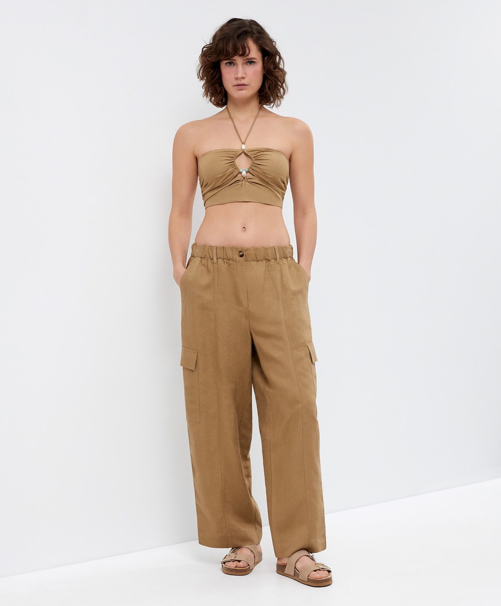 Oysho Linen strappy Top With Stone Details Tan | LARPNY-765