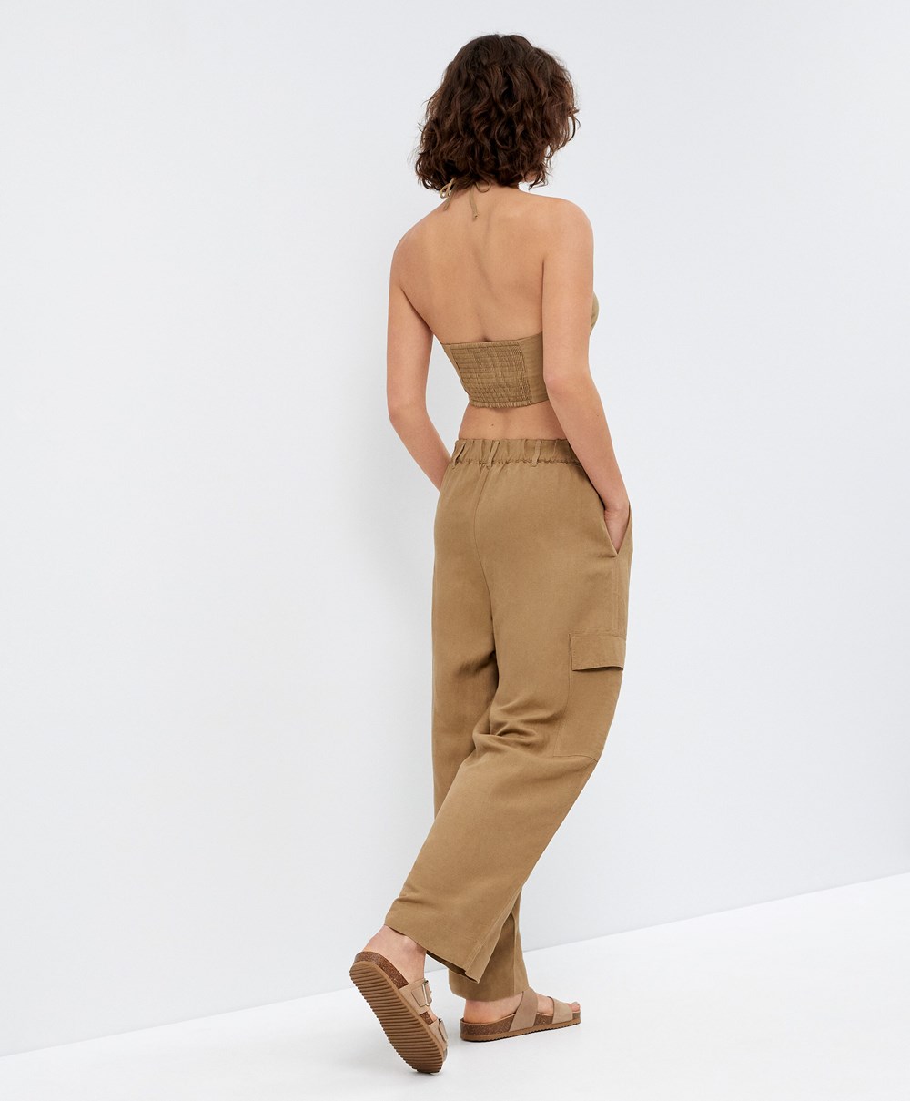 Oysho Linen strappy Top With Stone Details Tan | LARPNY-765