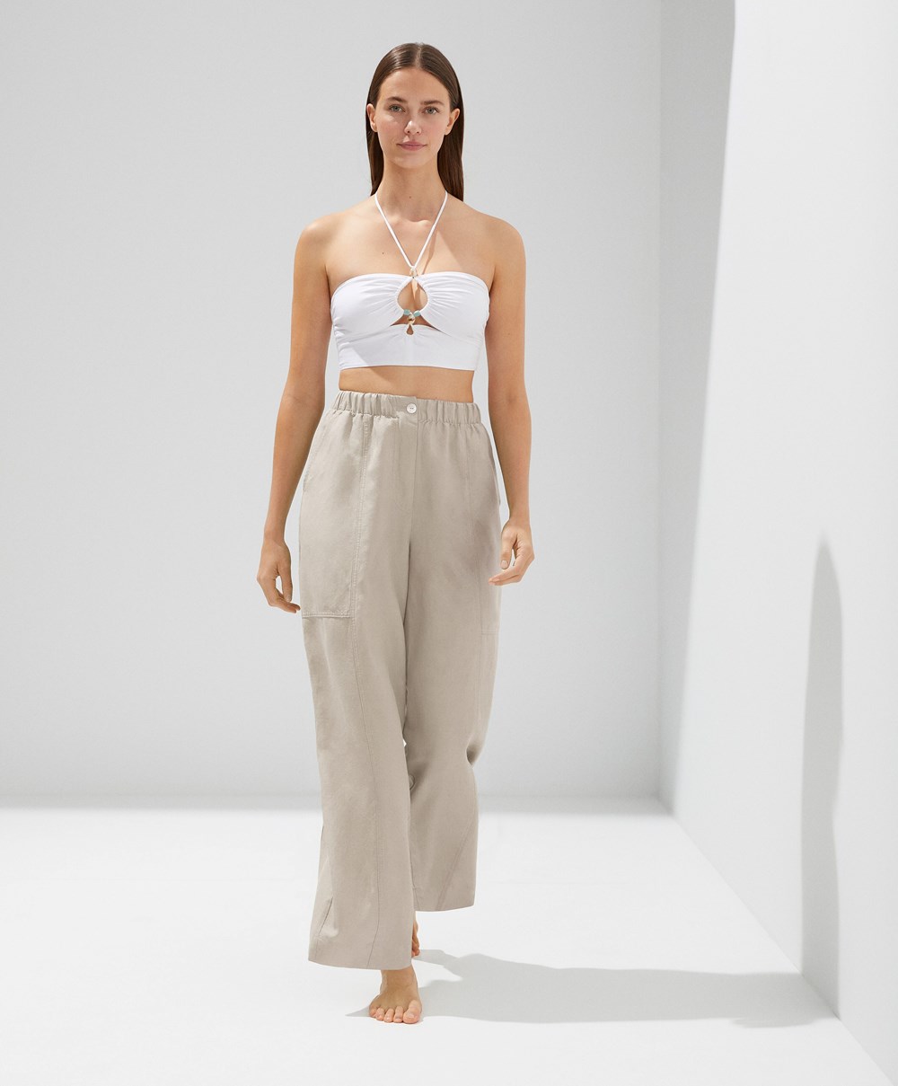 Oysho Linen strappy Top With Stone Details ασπρα | YDCELP-846