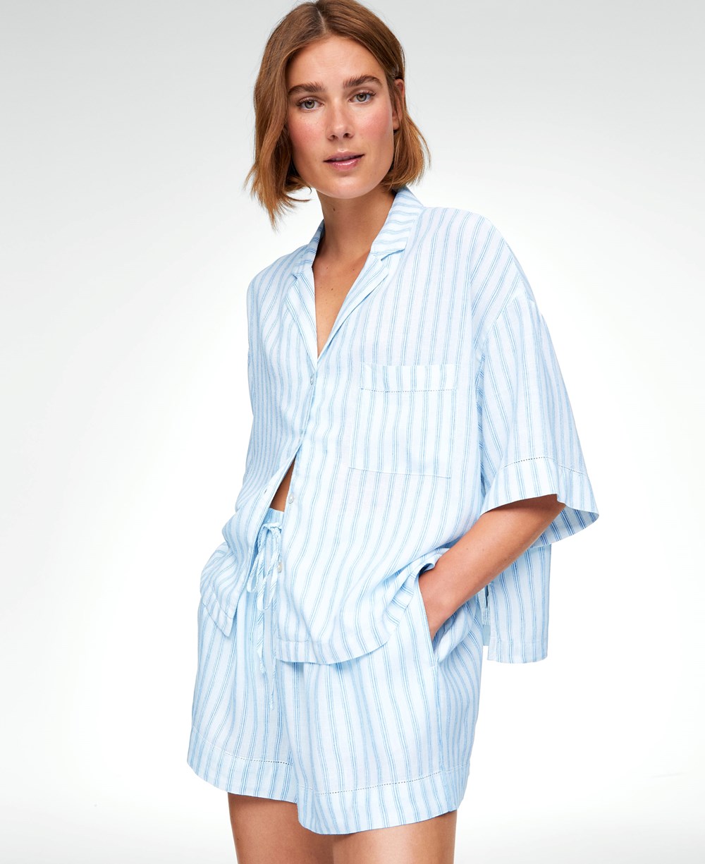 Oysho Linen κοντο-sleeved Shirt Pale Ecru | INAQPU-698