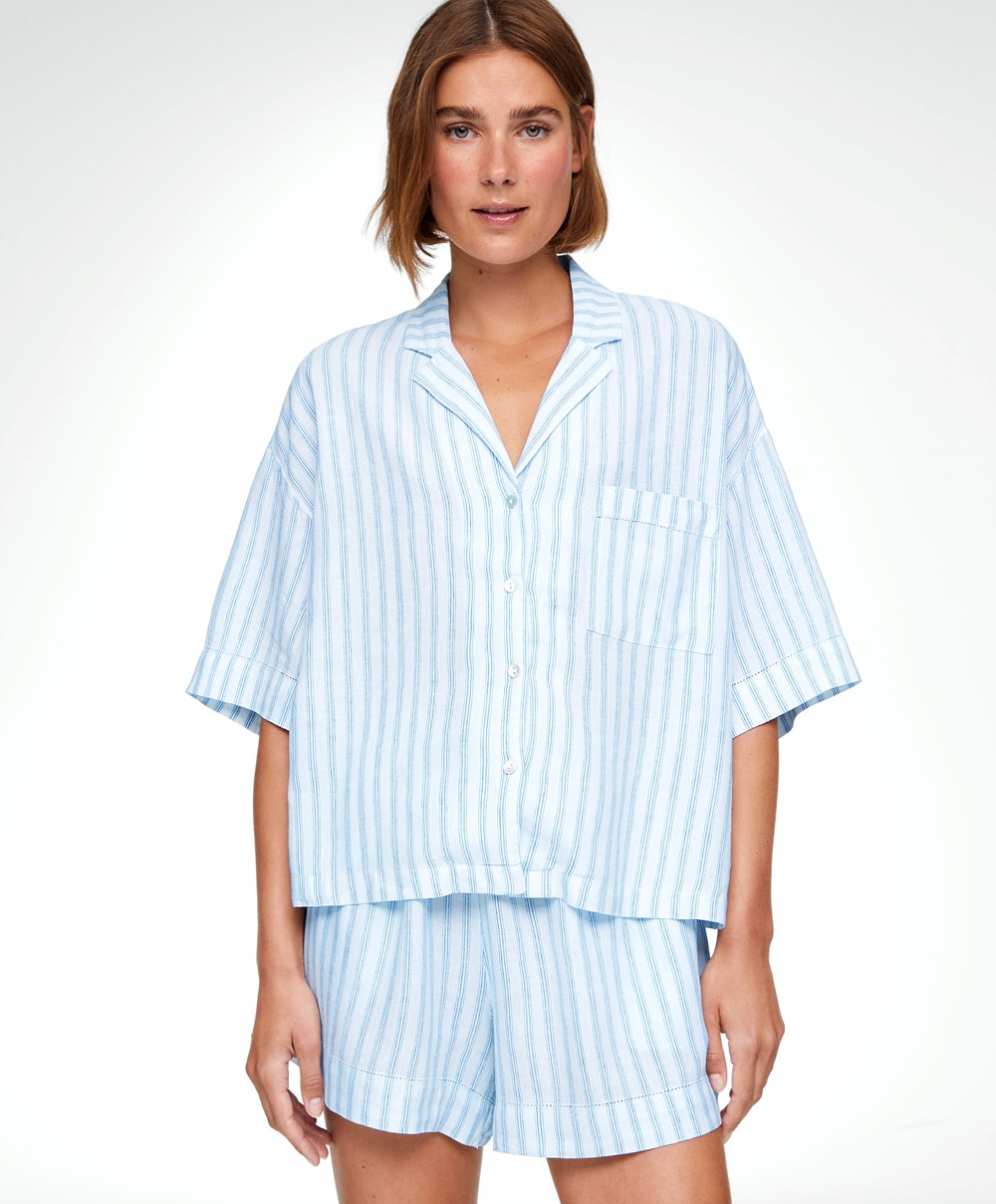 Oysho Linen κοντο-sleeved Shirt Pale Ecru | INAQPU-698