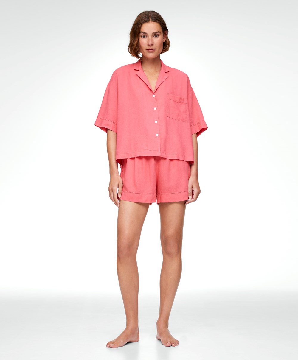 Oysho Linen κοντο-sleeved Shirt κοραλι ροζ | GRDASE-324