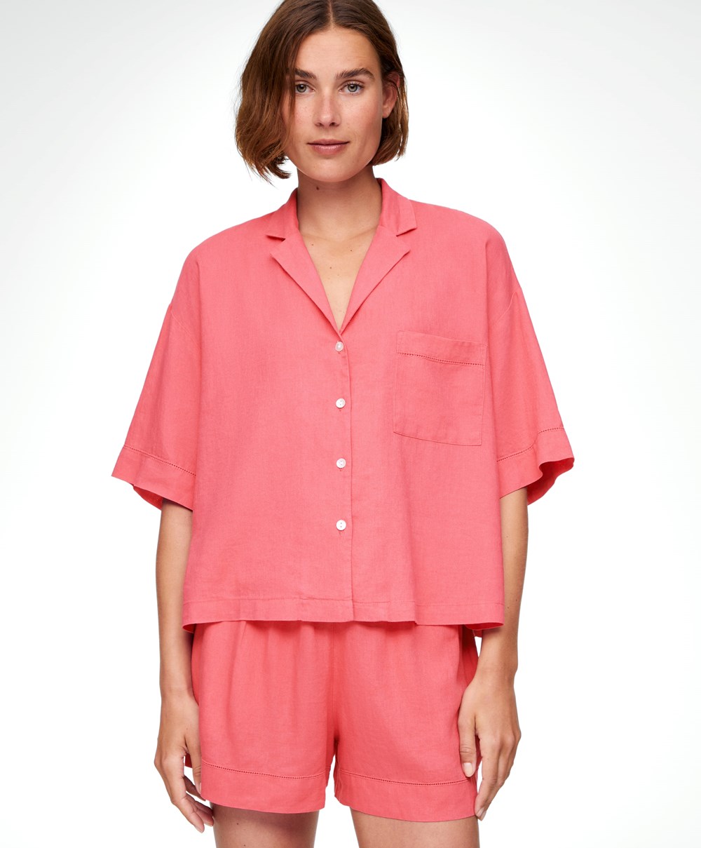 Oysho Linen κοντο-sleeved Shirt κοραλι ροζ | GRDASE-324