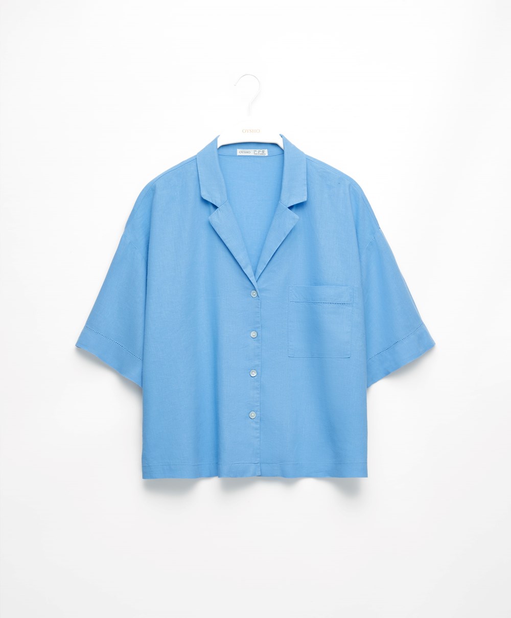 Oysho Linen κοντο-sleeved Shirt μπλε | DLAZCK-320