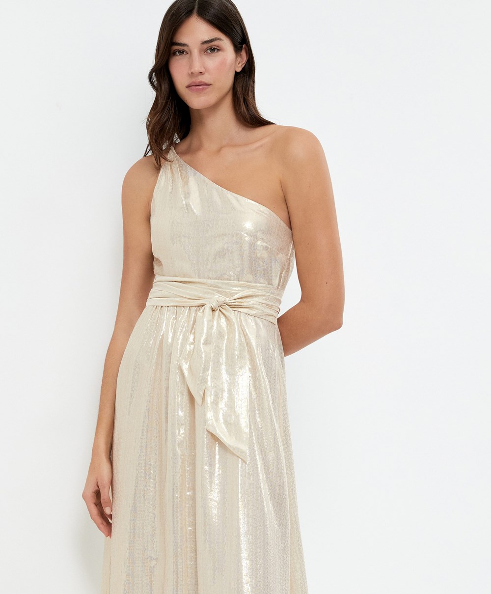 Oysho Long Asymmetric Silk φορεμα With Metallic Thread ασπρα χρυσο χρωμα | IZTDUL-573