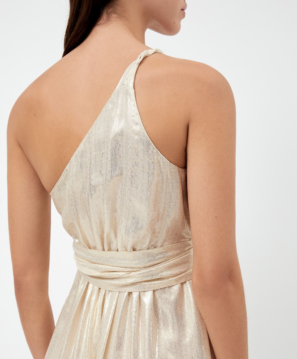 Oysho Long Asymmetric Silk φορεμα With Metallic Thread ασπρα χρυσο χρωμα | IZTDUL-573