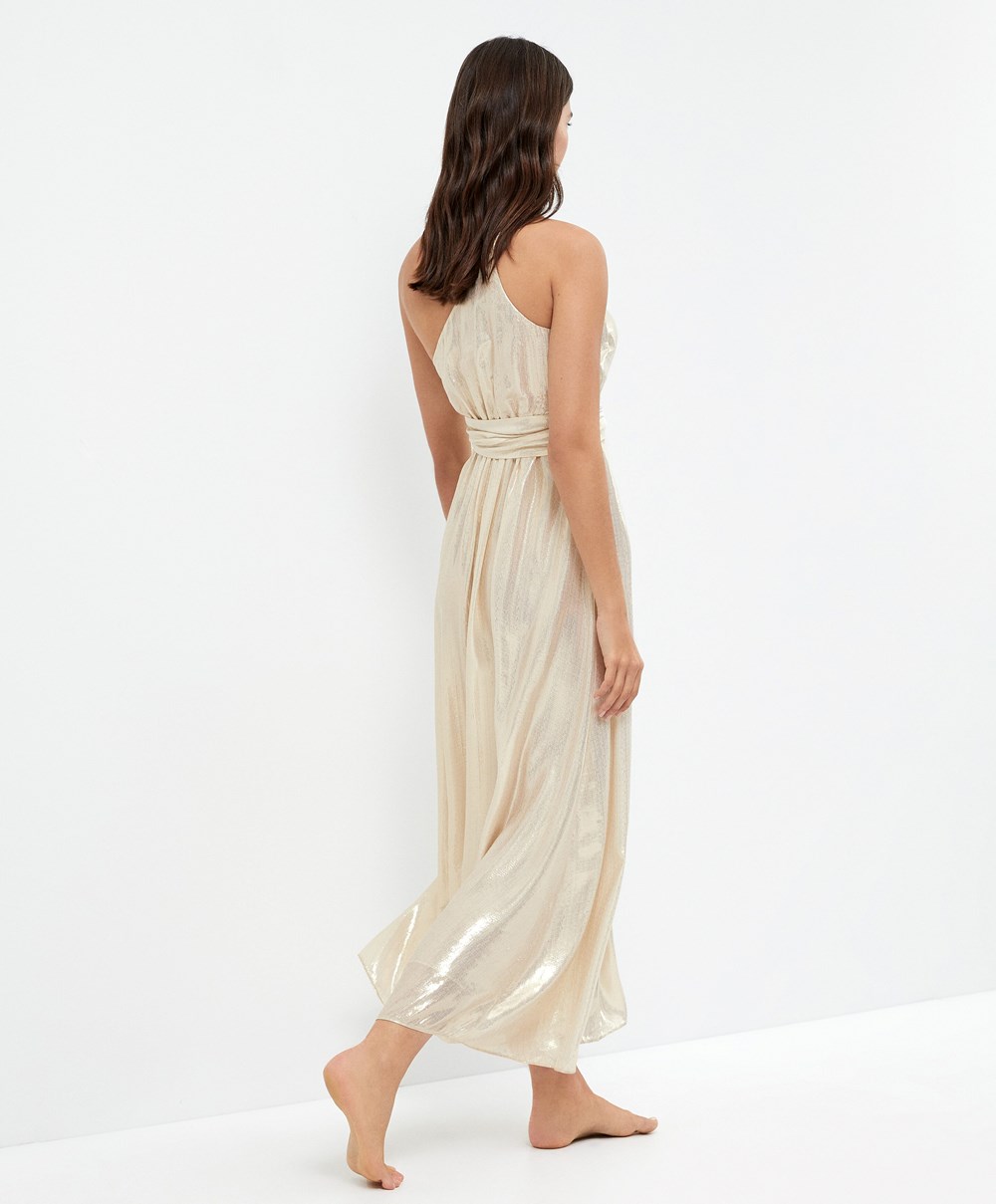 Oysho Long Asymmetric Silk φορεμα With Metallic Thread ασπρα χρυσο χρωμα | IZTDUL-573