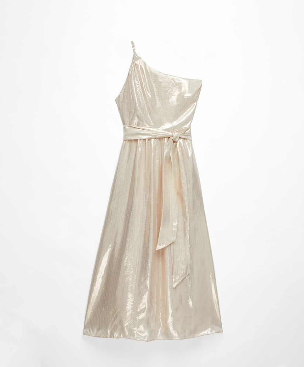 Oysho Long Asymmetric Silk φορεμα With Metallic Thread ασπρα χρυσο χρωμα | IZTDUL-573