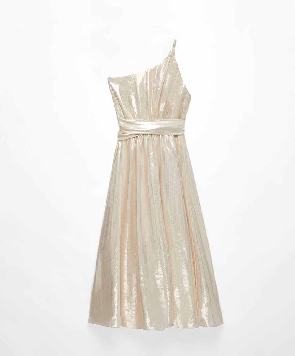 Oysho Long Asymmetric Silk φορεμα With Metallic Thread ασπρα χρυσο χρωμα | IZTDUL-573