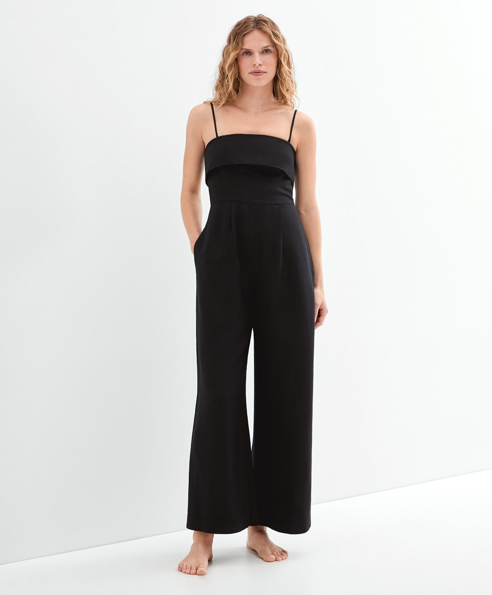 Oysho Long Linen Bandeau Jumpsuit μαυρα | FSELGZ-734