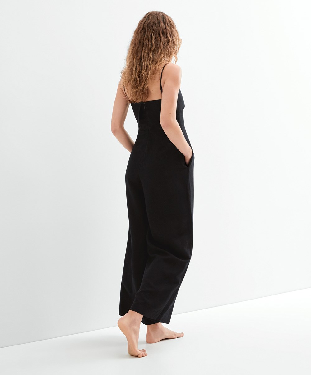 Oysho Long Linen Bandeau Jumpsuit μαυρα | FSELGZ-734