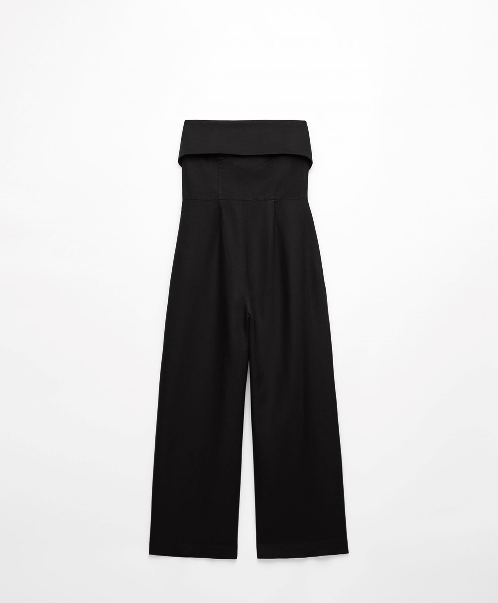 Oysho Long Linen Bandeau Jumpsuit μαυρα | FSELGZ-734