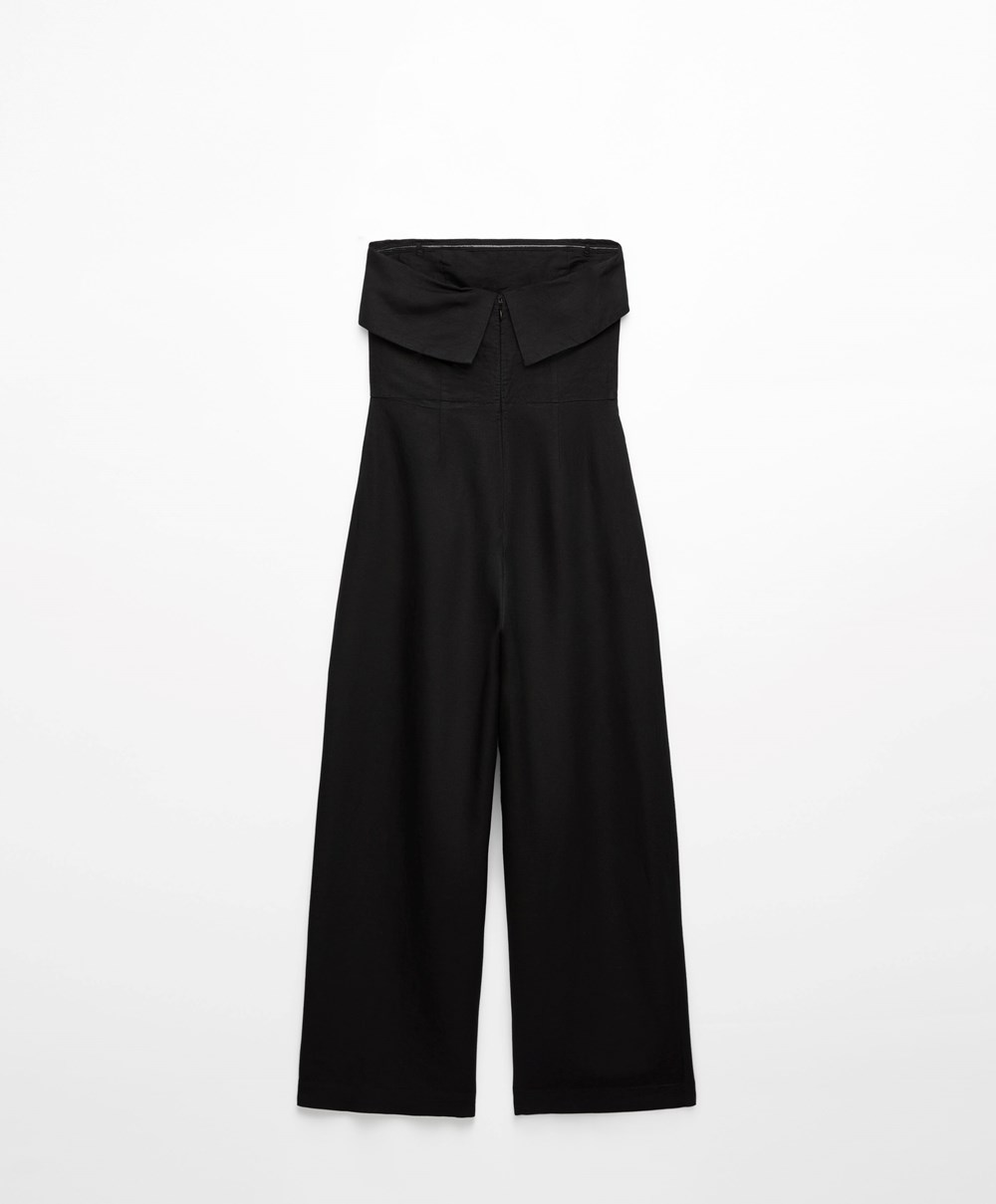 Oysho Long Linen Bandeau Jumpsuit μαυρα | FSELGZ-734