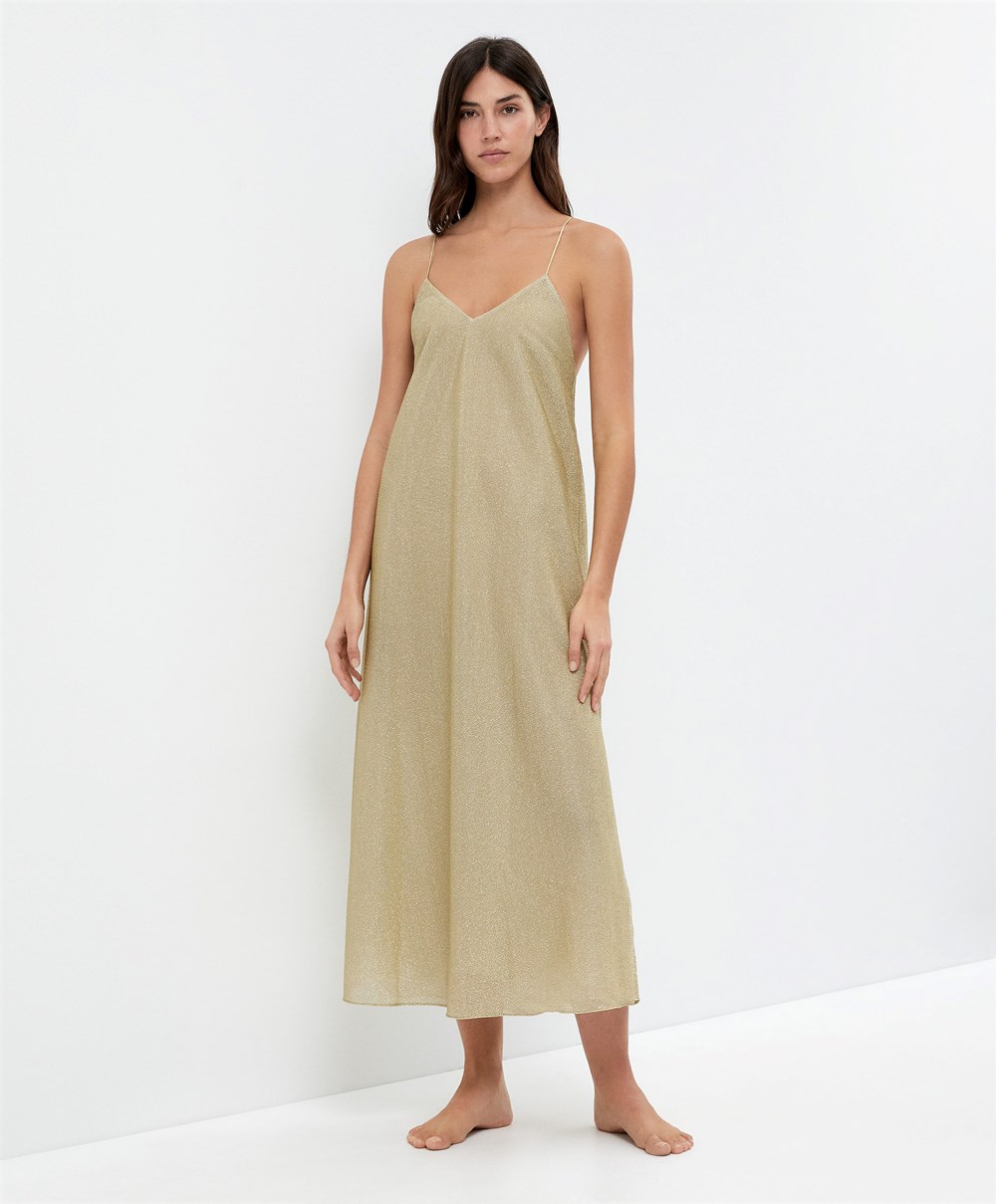 Oysho Long Metallic Thread φορεμα χρυσο χρωμα | AJFIRN-156