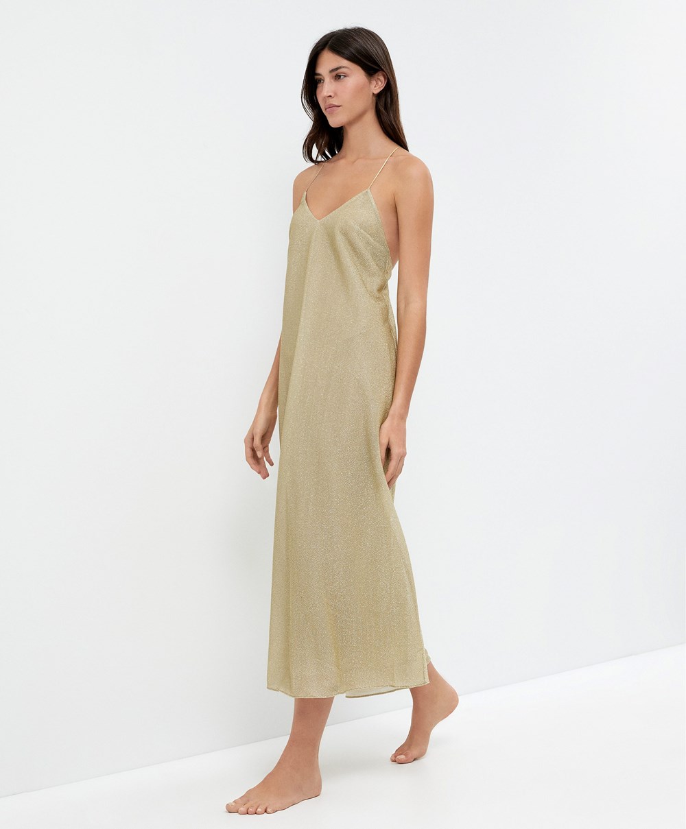 Oysho Long Metallic Thread φορεμα χρυσο χρωμα | AJFIRN-156