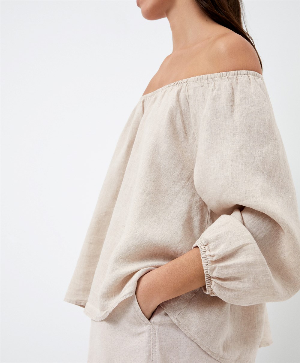 Oysho Long-sleeved 100% Linen Blouse Sand Melange | FHBRWL-610