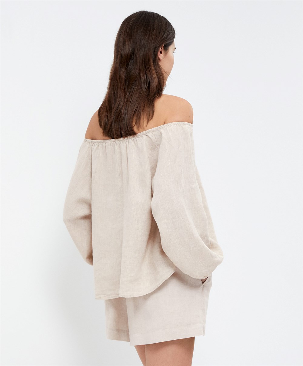 Oysho Long-sleeved 100% Linen Blouse Sand Melange | FHBRWL-610