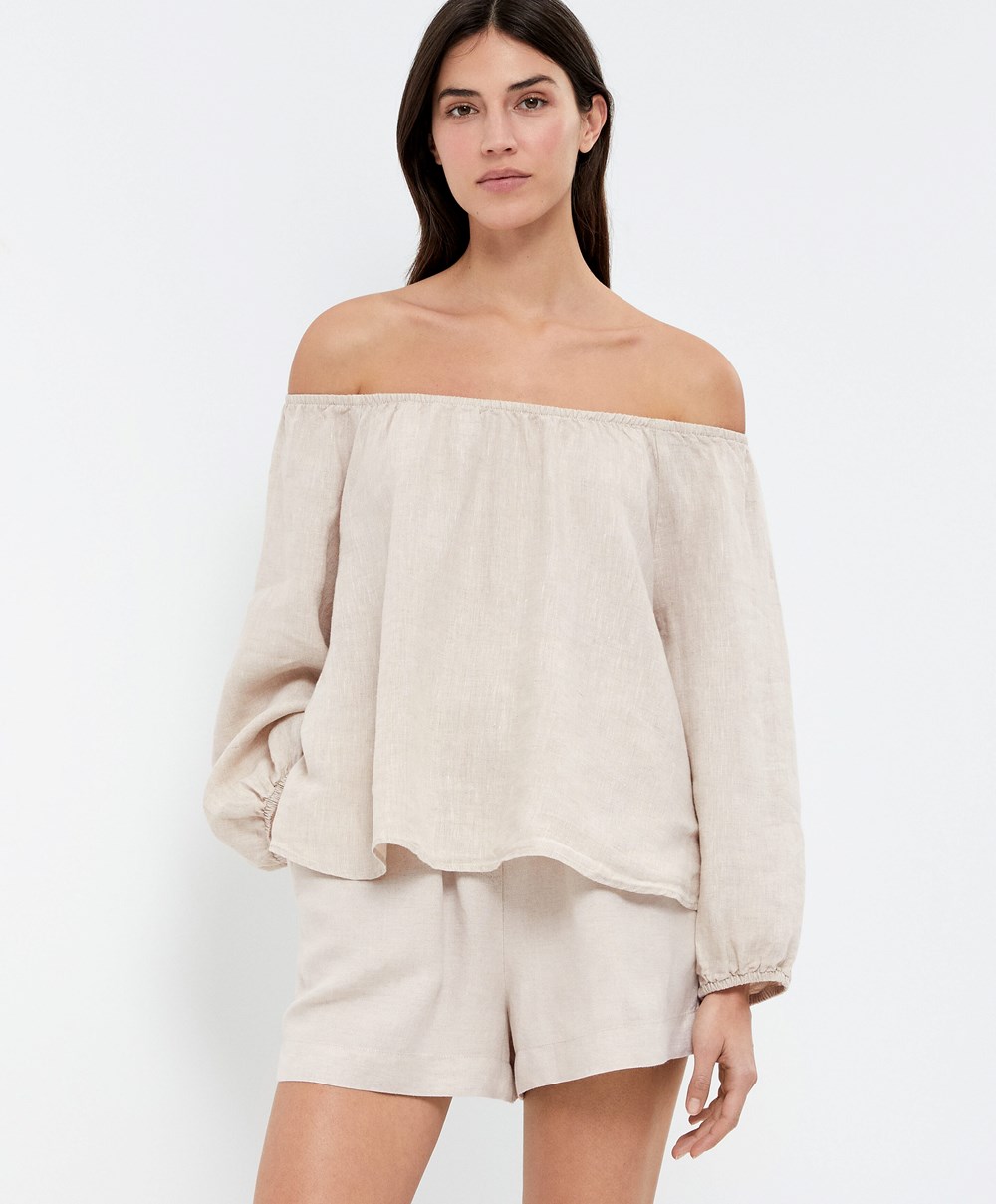 Oysho Long-sleeved 100% Linen Blouse Sand Melange | FHBRWL-610