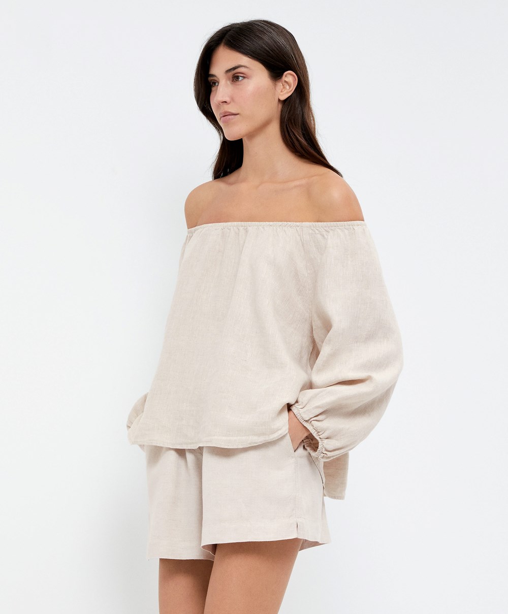 Oysho Long-sleeved 100% Linen Blouse Sand Melange | FHBRWL-610