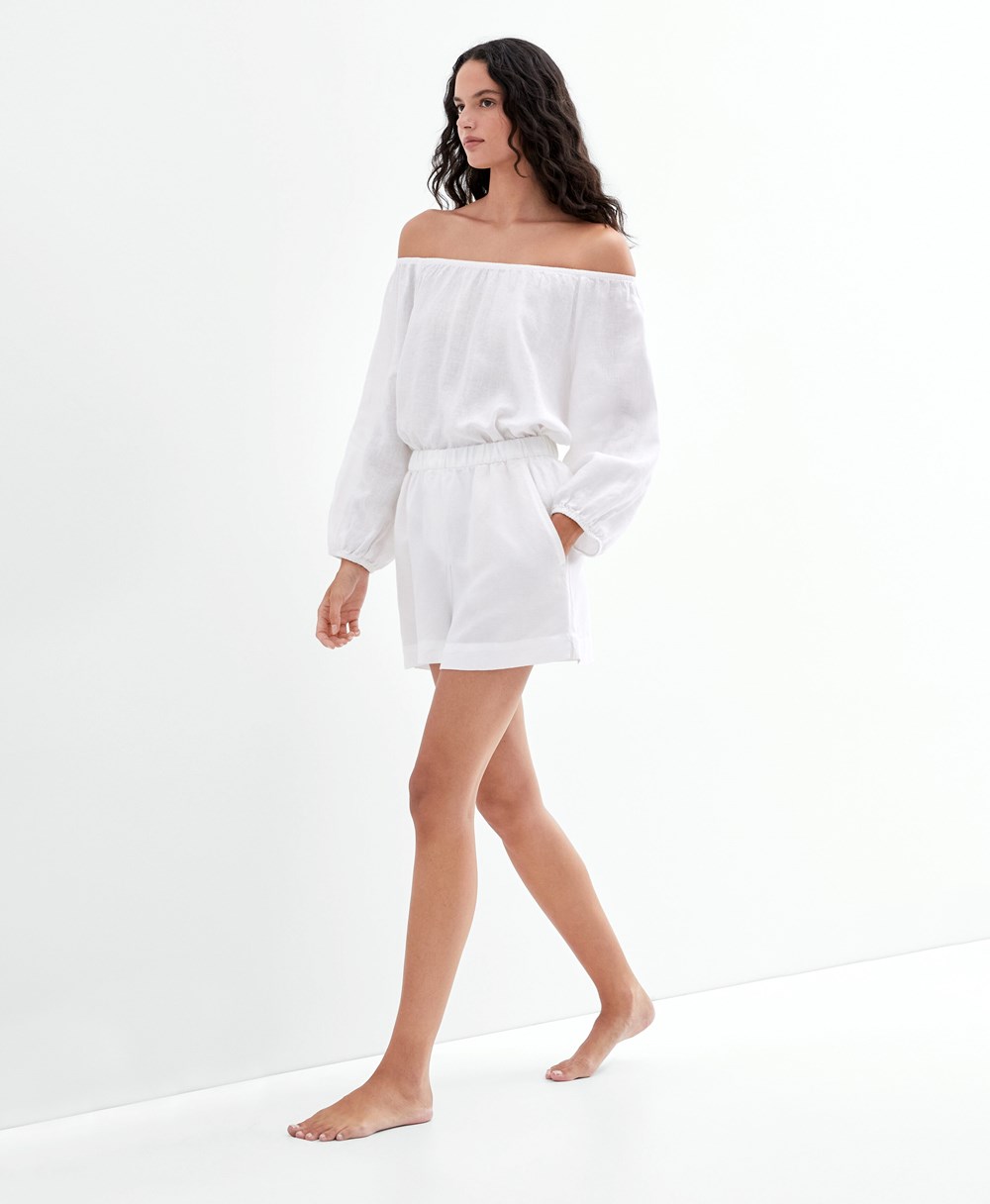 Oysho Long-sleeved 100% Linen Blouse ασπρα | SZNBGF-391