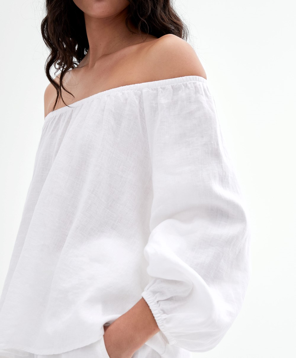 Oysho Long-sleeved 100% Linen Blouse ασπρα | SZNBGF-391